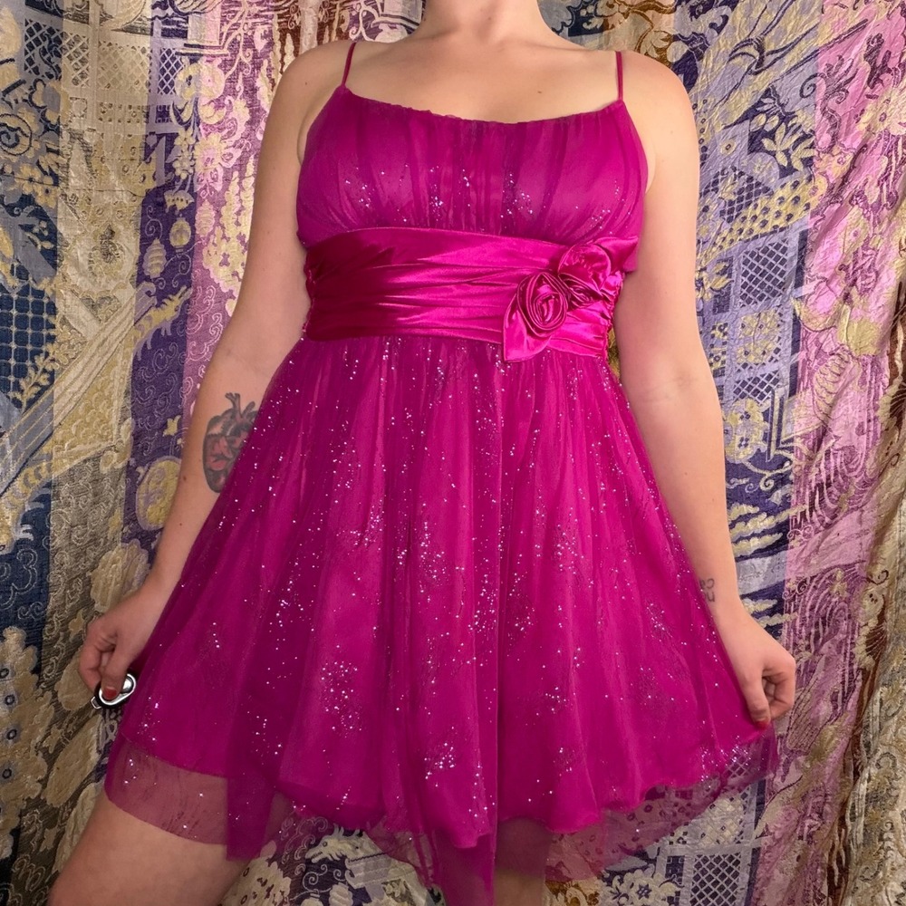 Y2K Sparkly Pink Fairy Princess Tulle Babydoll Semi Formal Mini Dress Size M